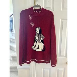Vintage Y2K Big Dog Burgundy Red Dog Scarf Snowflake Winter Print Sweater